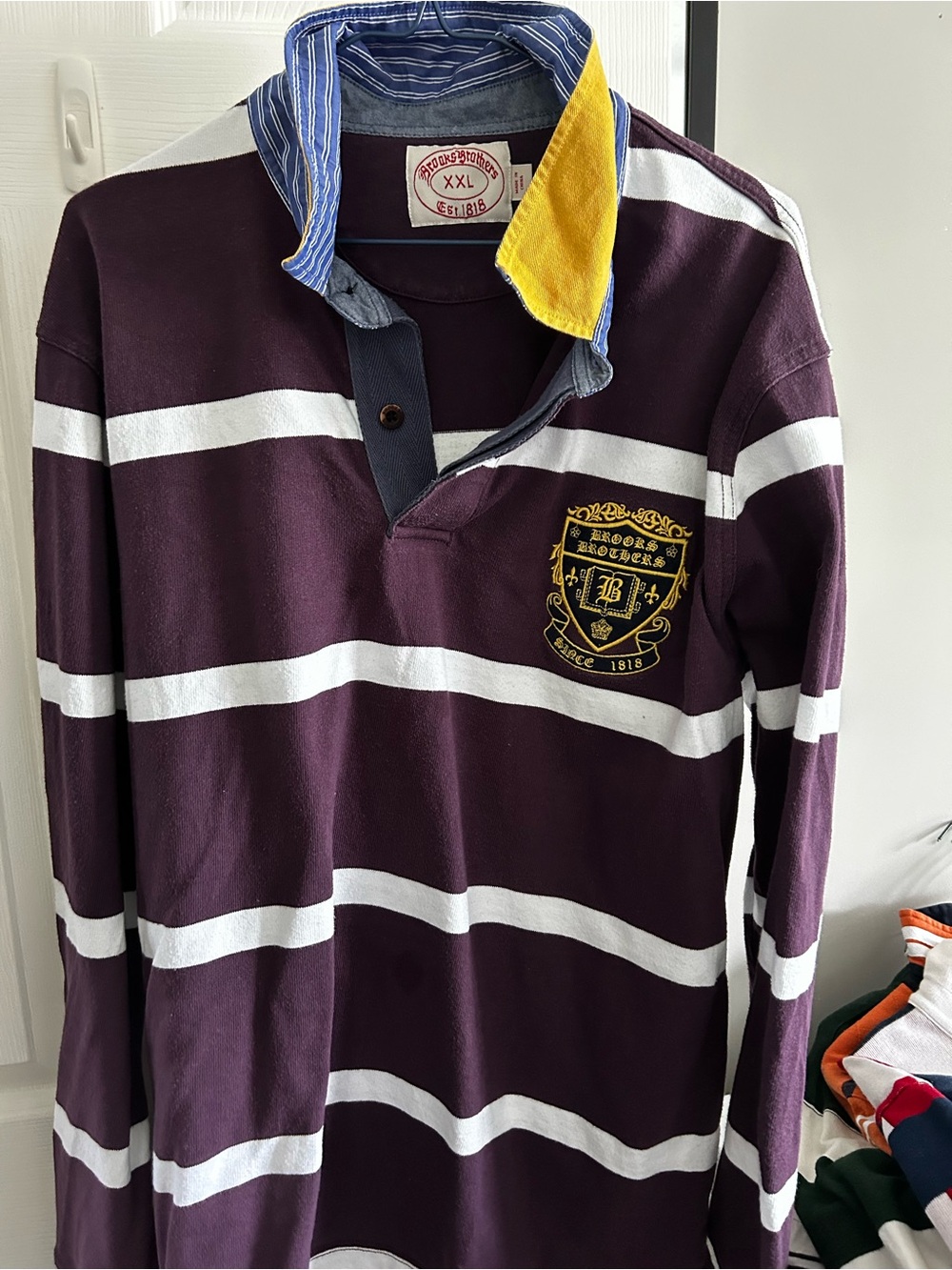 Brooks Brothers Striped Rugby Polo with Crest - Purple & White